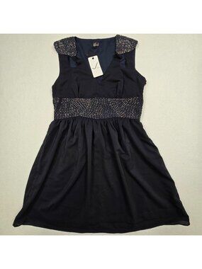 NEW Very J Large Dress Navy Beaded Sleeveless Cocktail Party Modern Flowy V Neck
